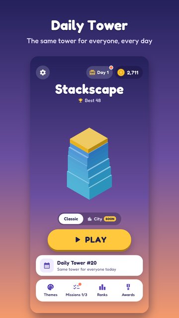 The home screen with the Play button and the Daily Tower card.
