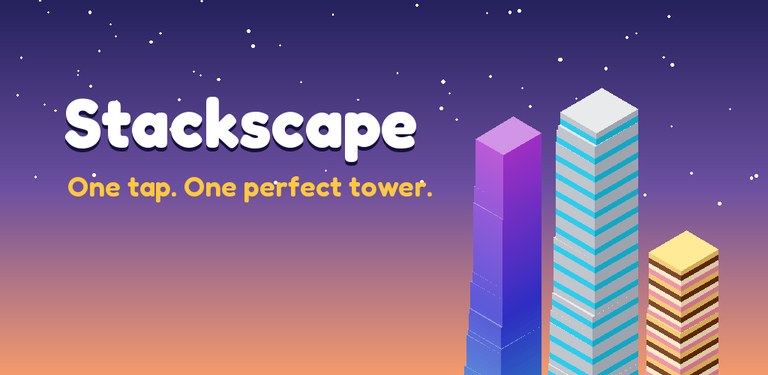 The word Stackscape with the line One tap. One perfect tower., beside three stacked towers at dusk.